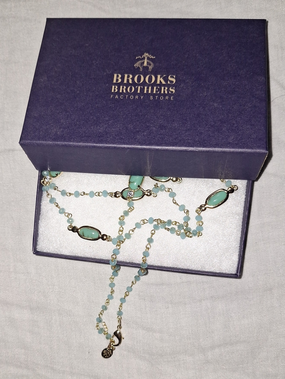 Brooks Brothers 35" Long Gold Tone Blue Beads Faux Turquoise Necklace.
